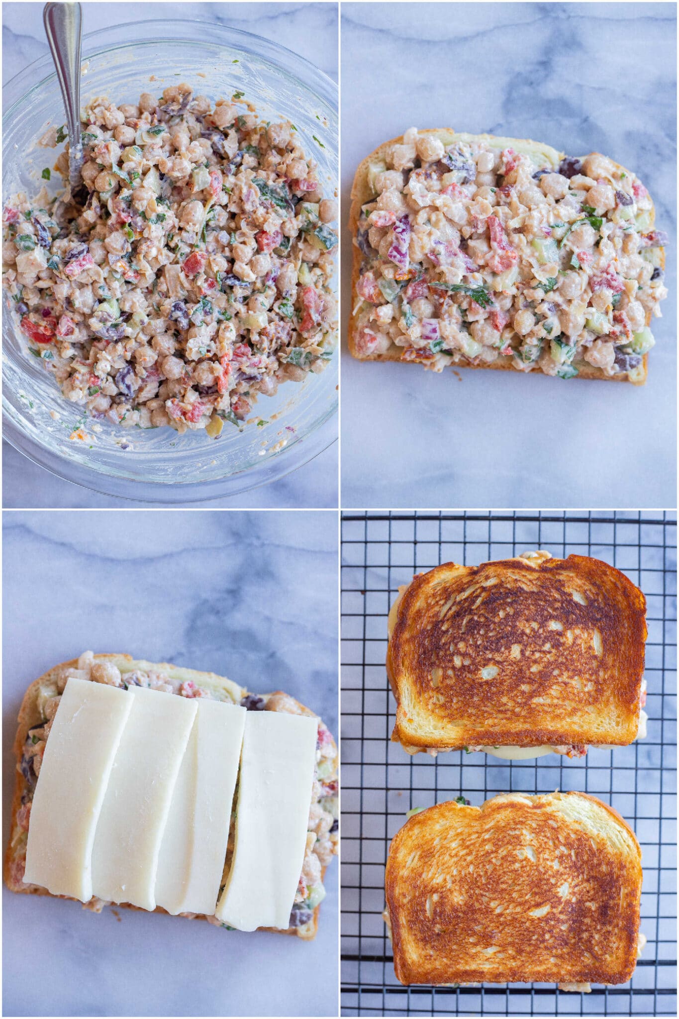 showing how to make a greek chickpea salad melt