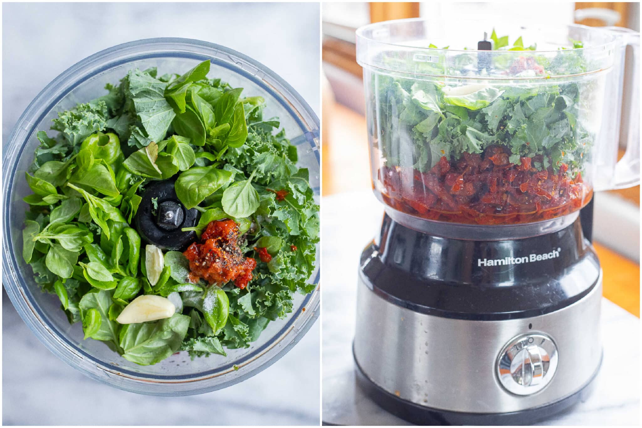 showing how to make the flavorful sun-dried tomato, kale and basil sauce for the pasta