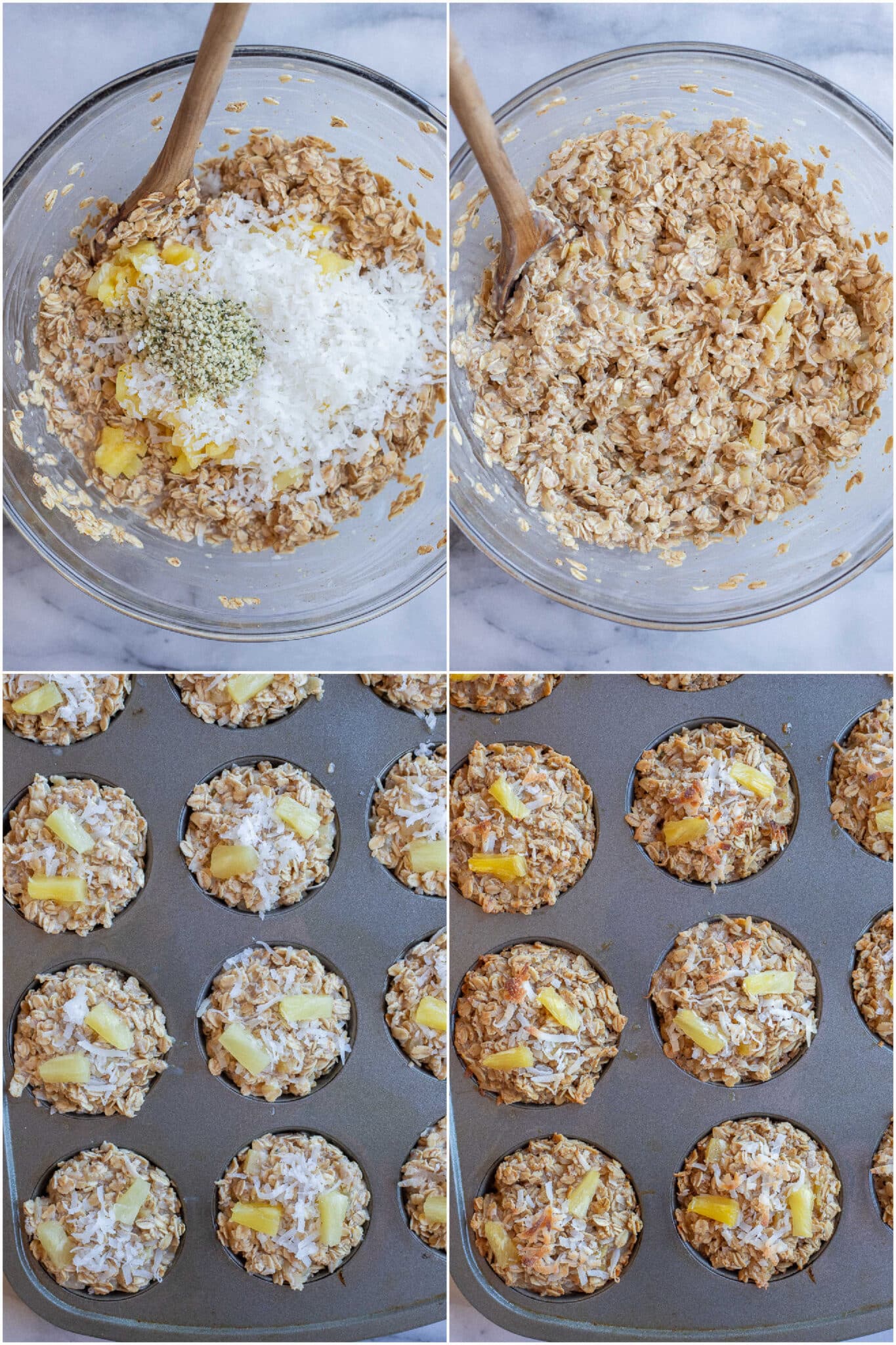 showing how to make these Pina Colada baked oatmeal cups in a muffin tin