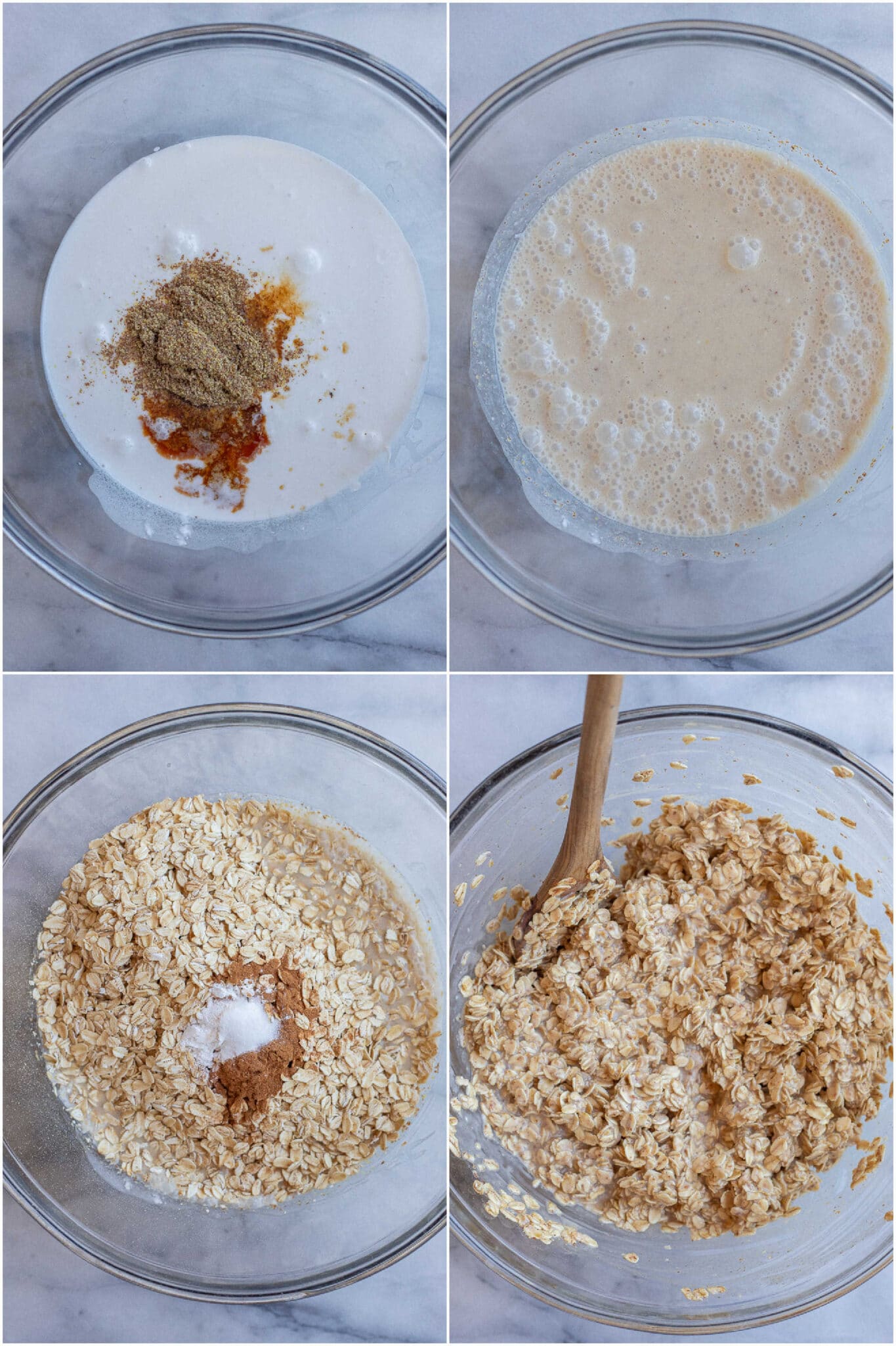 showing how to make baked oatmeal cups by mixing all the ingredients together in a bowl