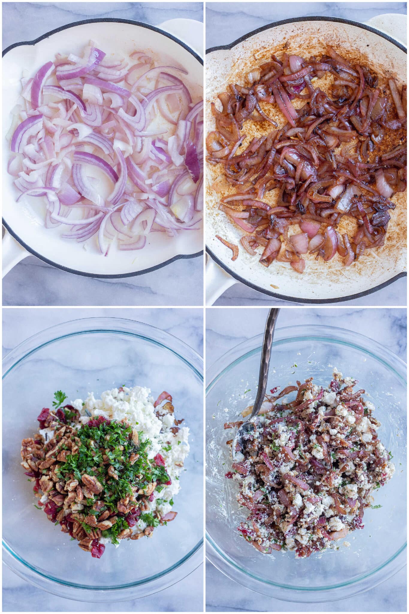 showing how to make balsamic onions and mix them into the goat cheese