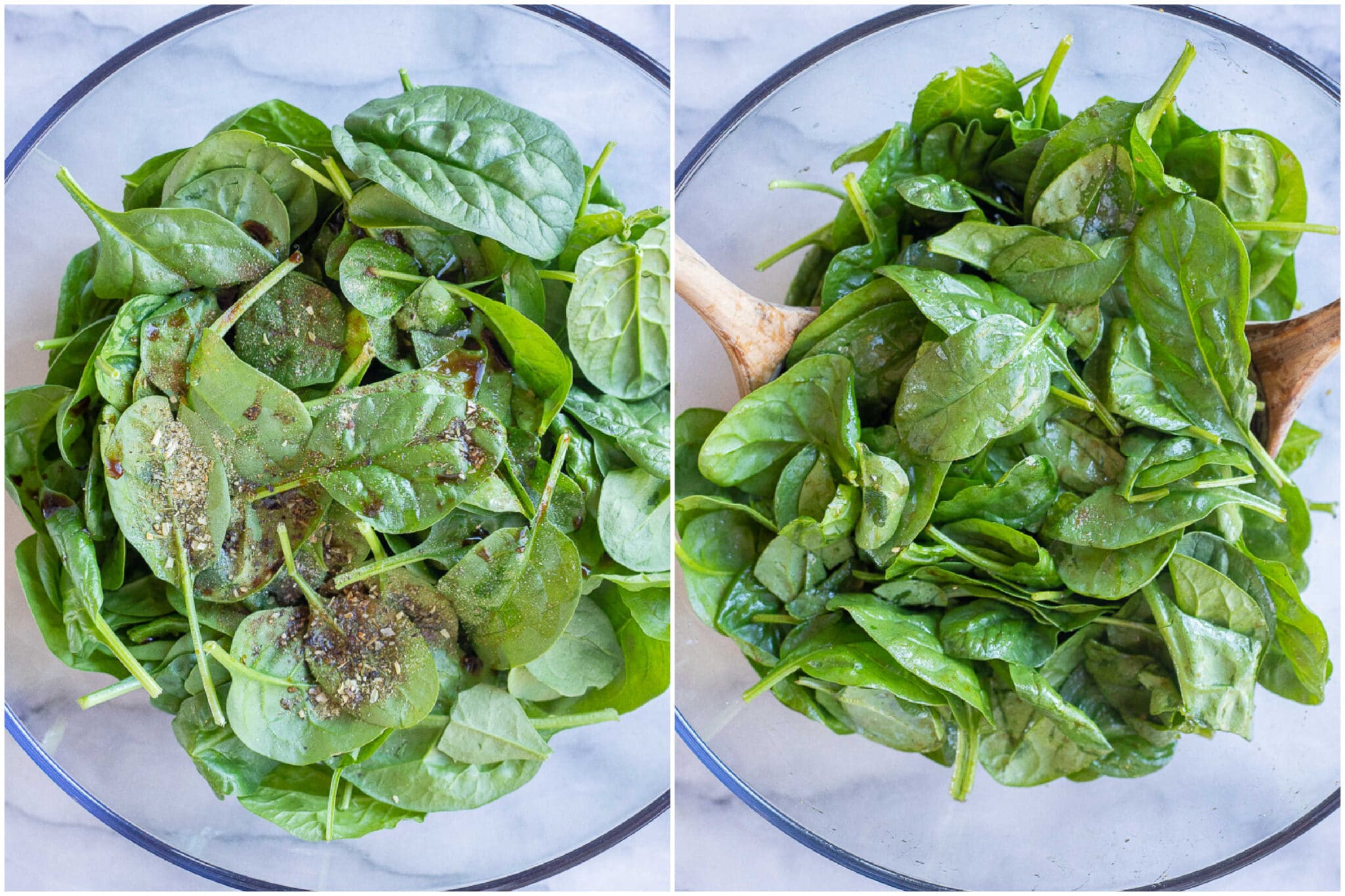 simple spinach salad before and after it has been mixed with the dressing