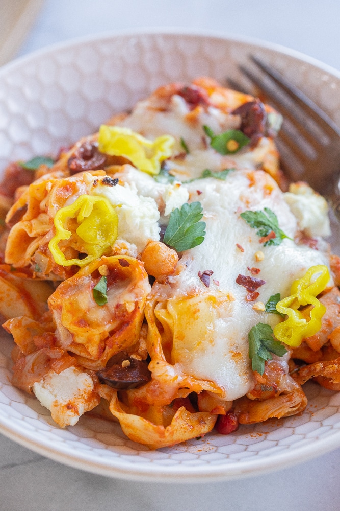 close up of Mediterranean Tortellini Bake in a bowl