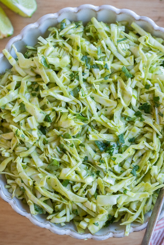 cilantro lime cabbage salad in a serving bowl