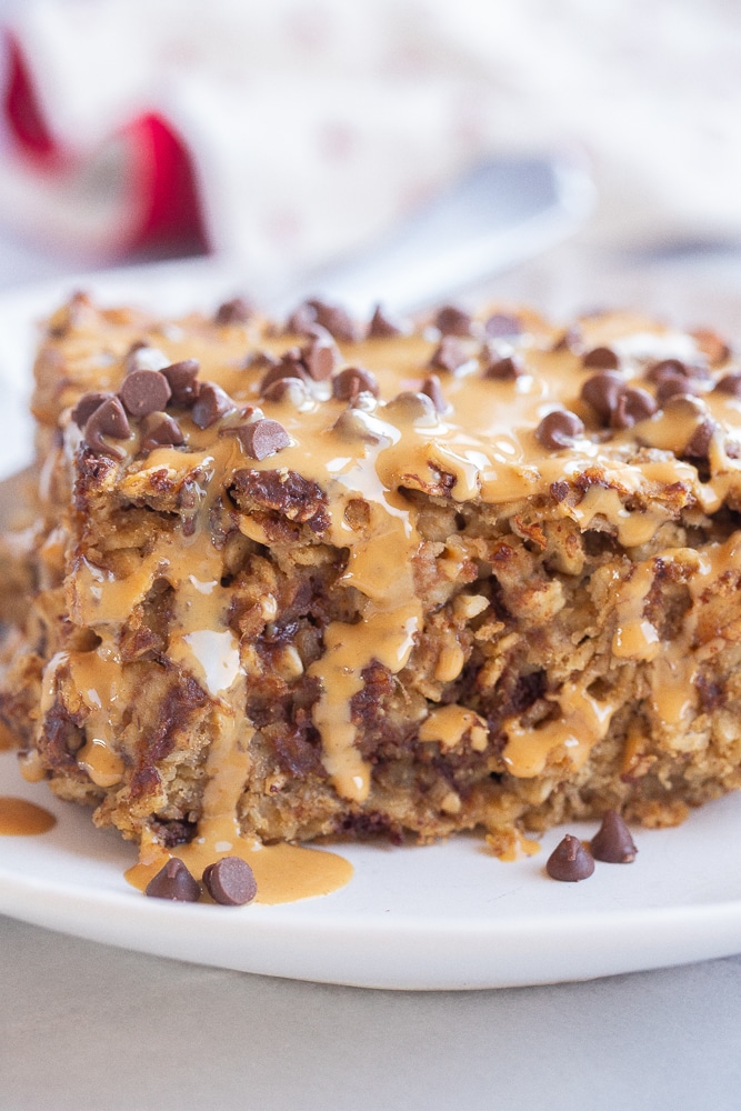 close up of a piece of high protein baked oatmeal