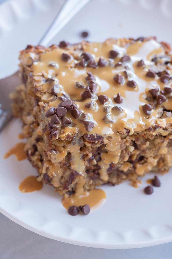 close up of a slice of peanut butter banana baked oatmeal