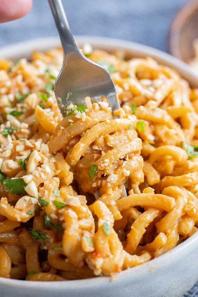 a forkful of peanut noodles in a bowl