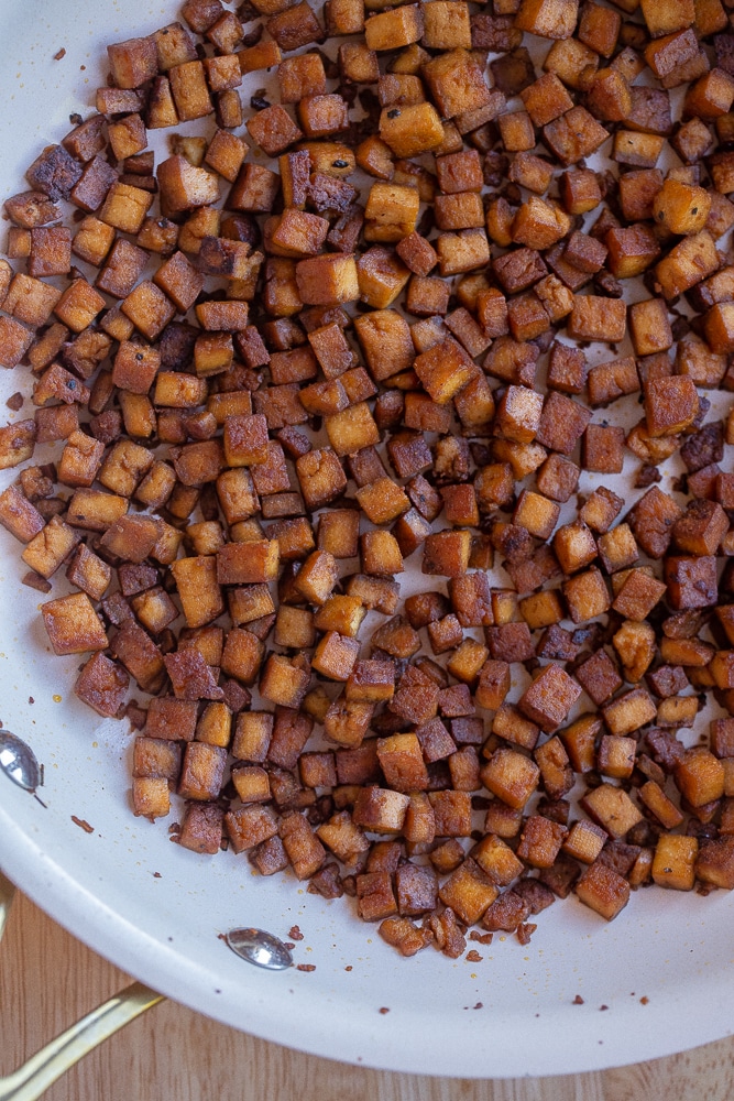 crispy tofu pancetta in a frying pan