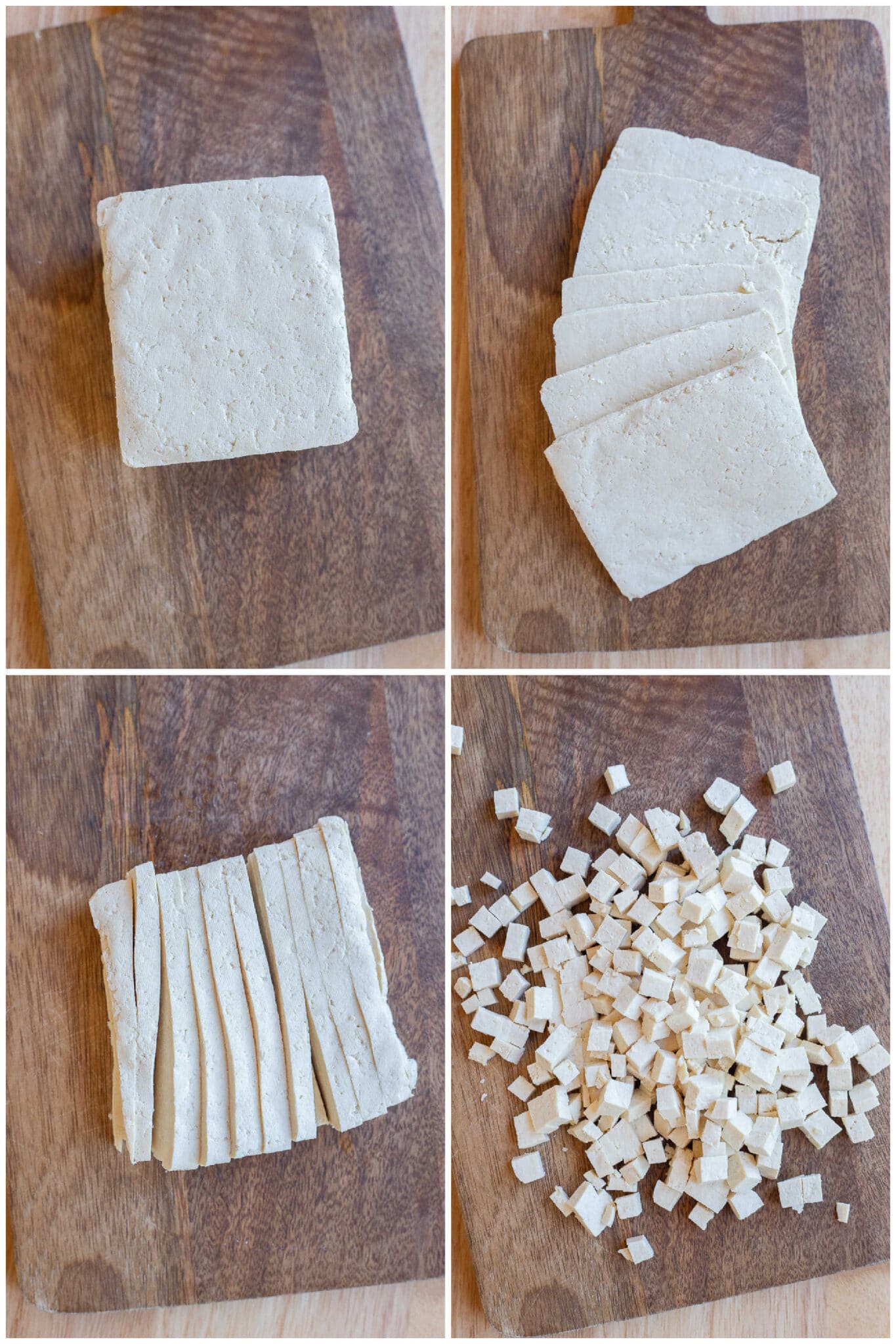 showing how to cut the tofu into small cubes for this vegan pancetta recipe