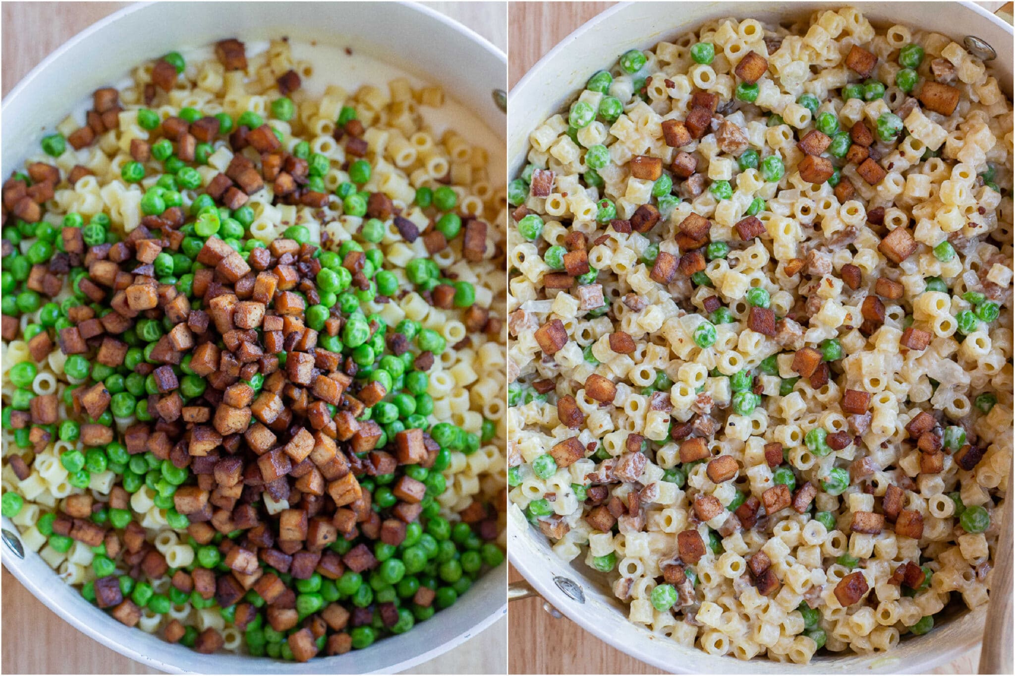 the peas and tofu pancetta being mixed into the pasta and cheesy parmesan sauce