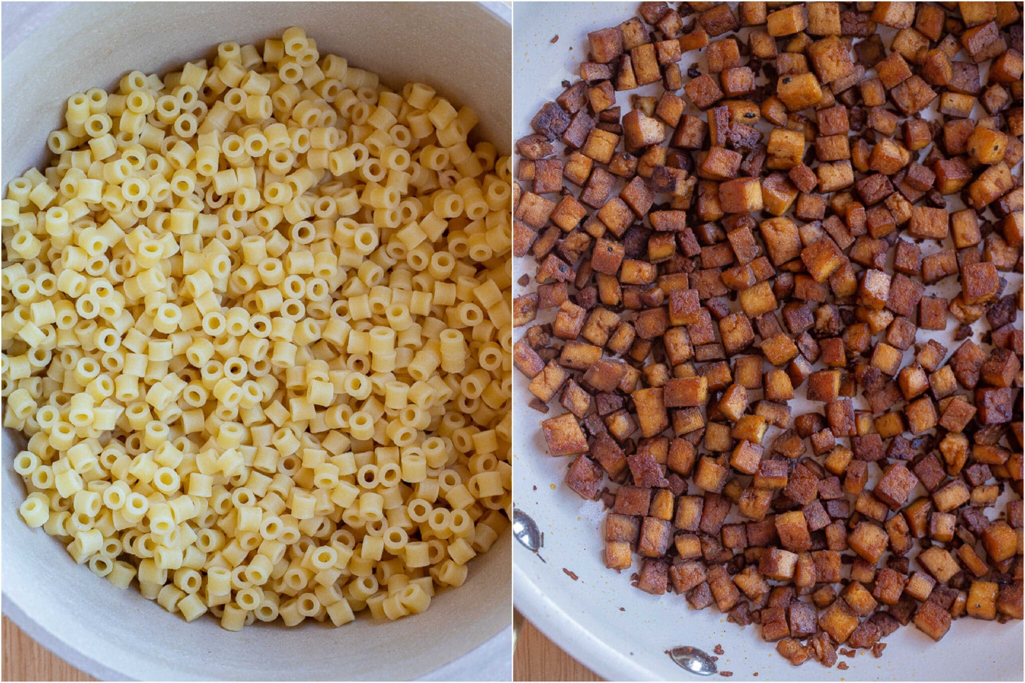 showing how to make the past and the vegan pancetta tofu for this recipe