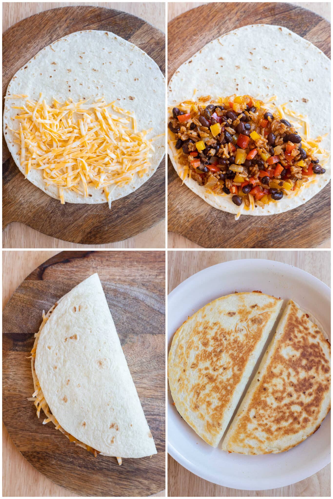 showing how to assemble and cook a vegetarian fajita quesadilla