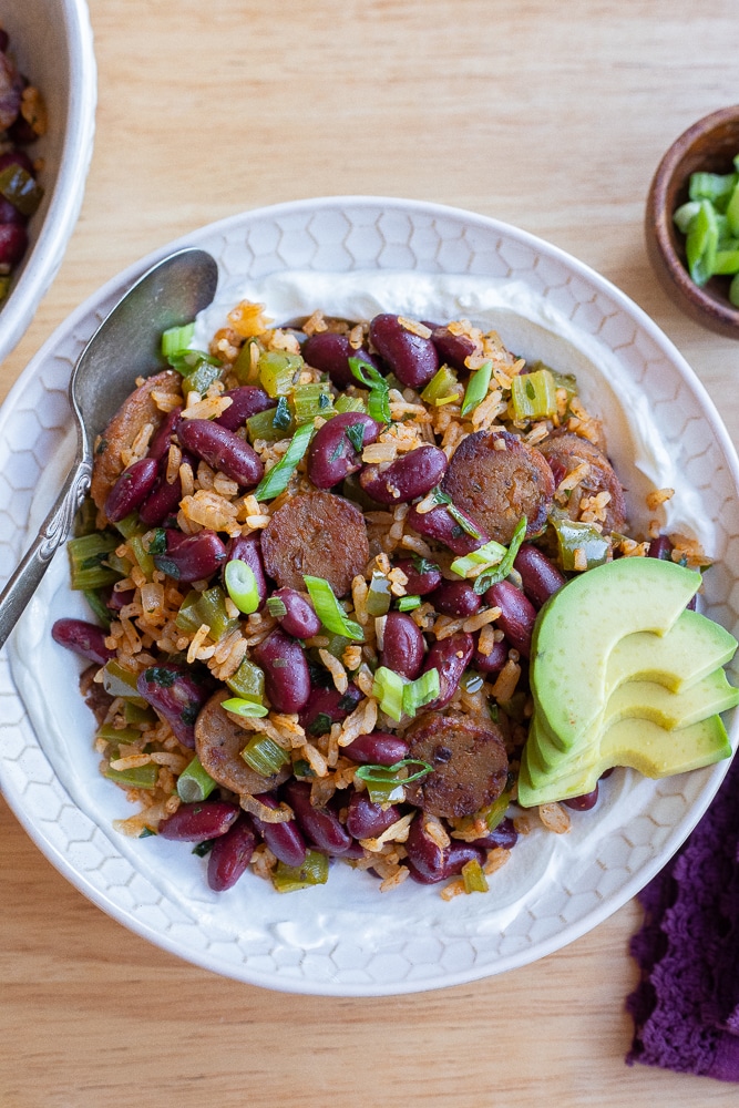 bowl of vegetarian red beans and rice with sausage