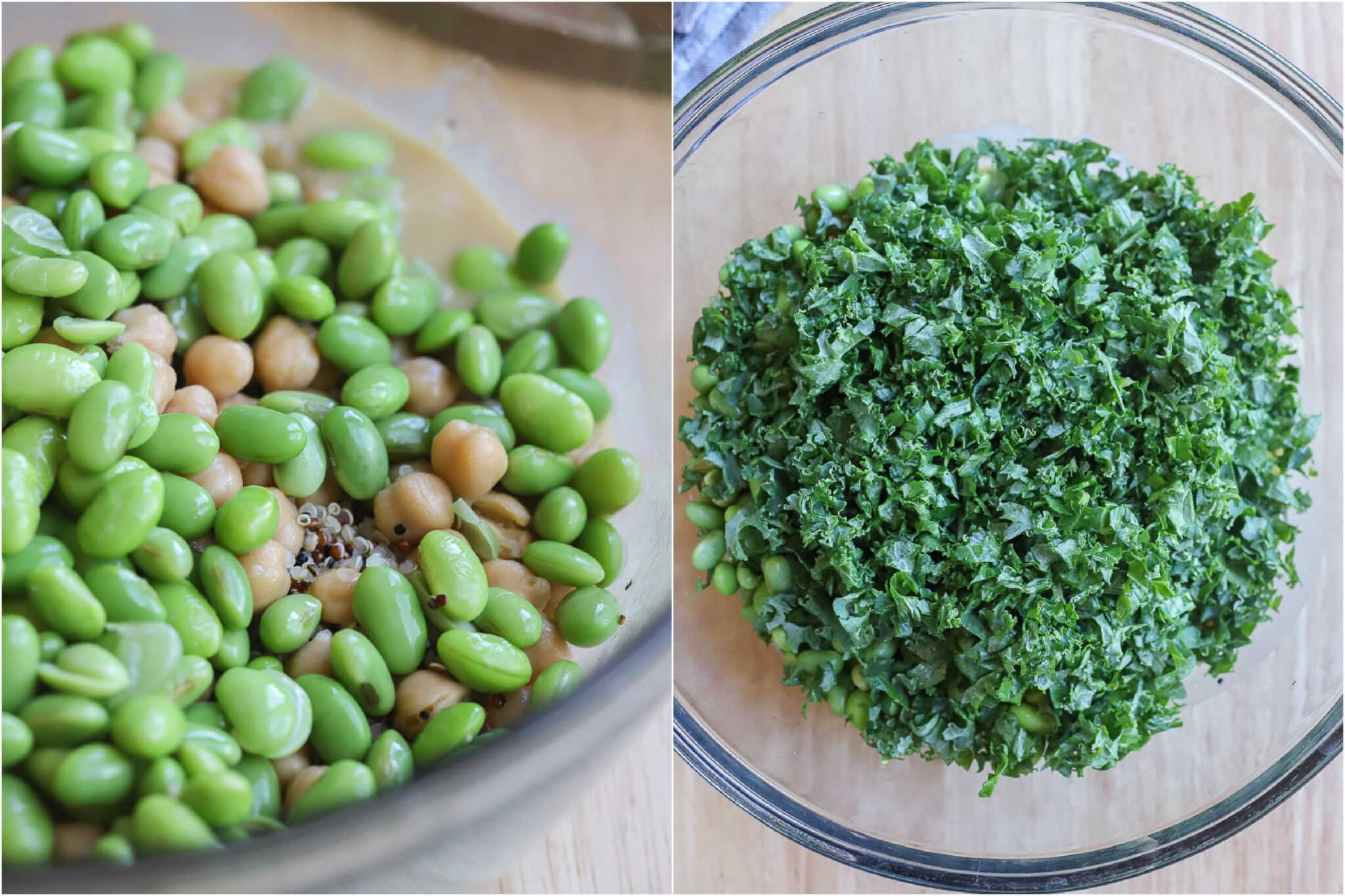 showing how to make this easy edamame and chickpea salad with chopped kale