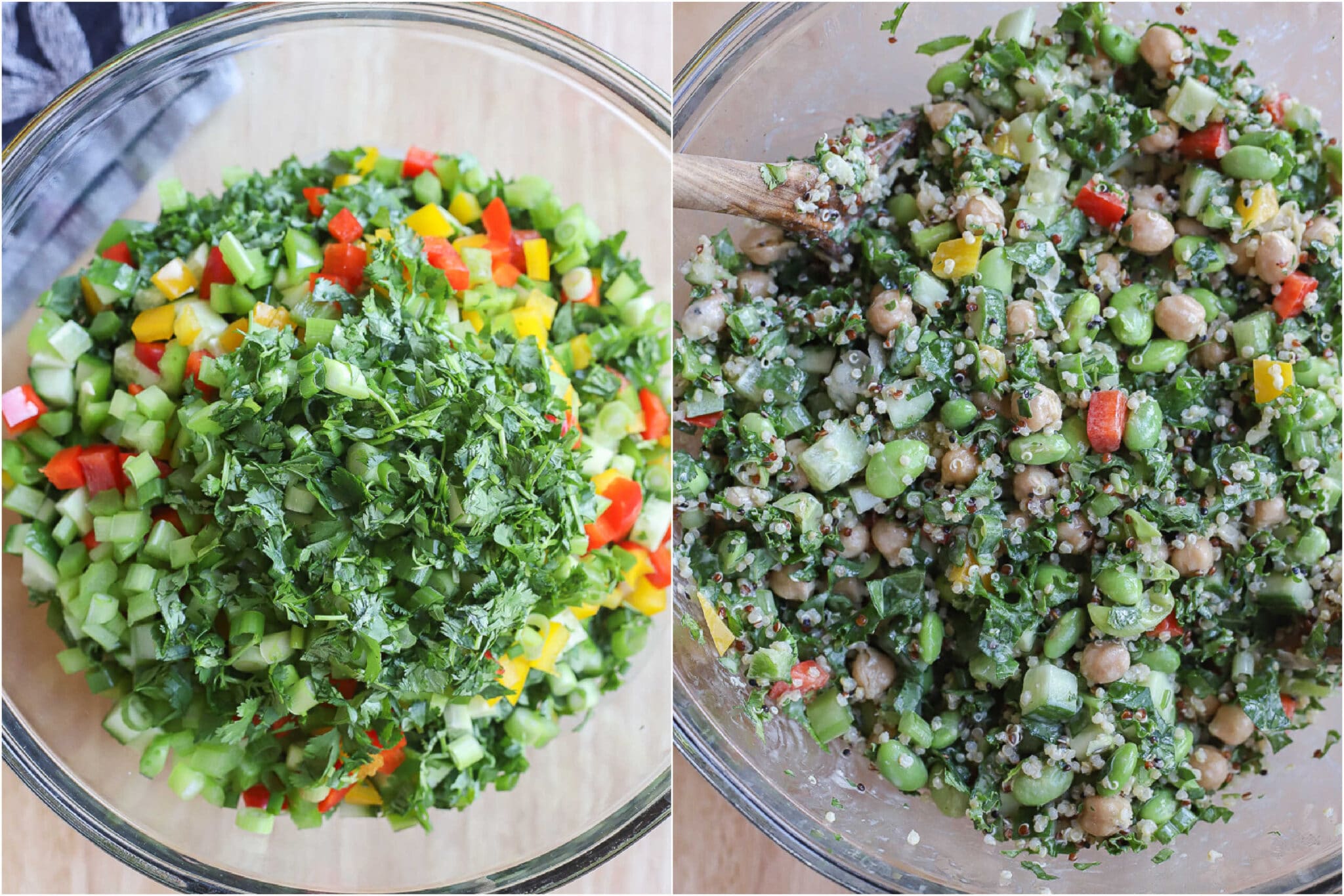 edamame chickpea and quinoa salad before and after it has been mixed up