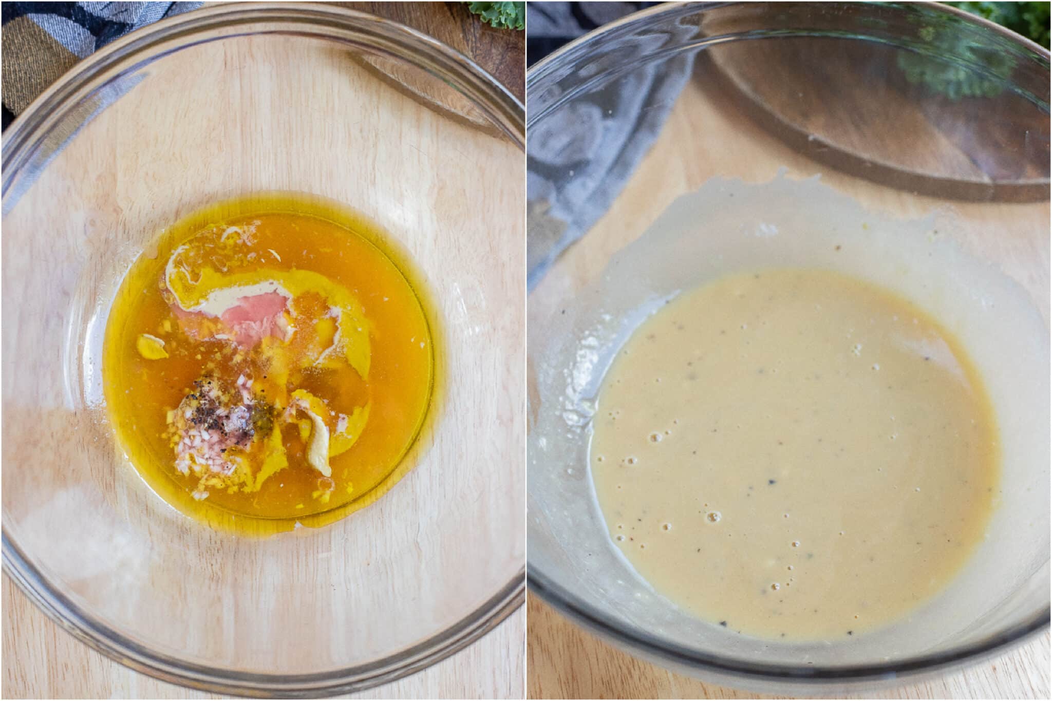 showing how to make the easy tahini dressing with lemon juice and red wine vinegar