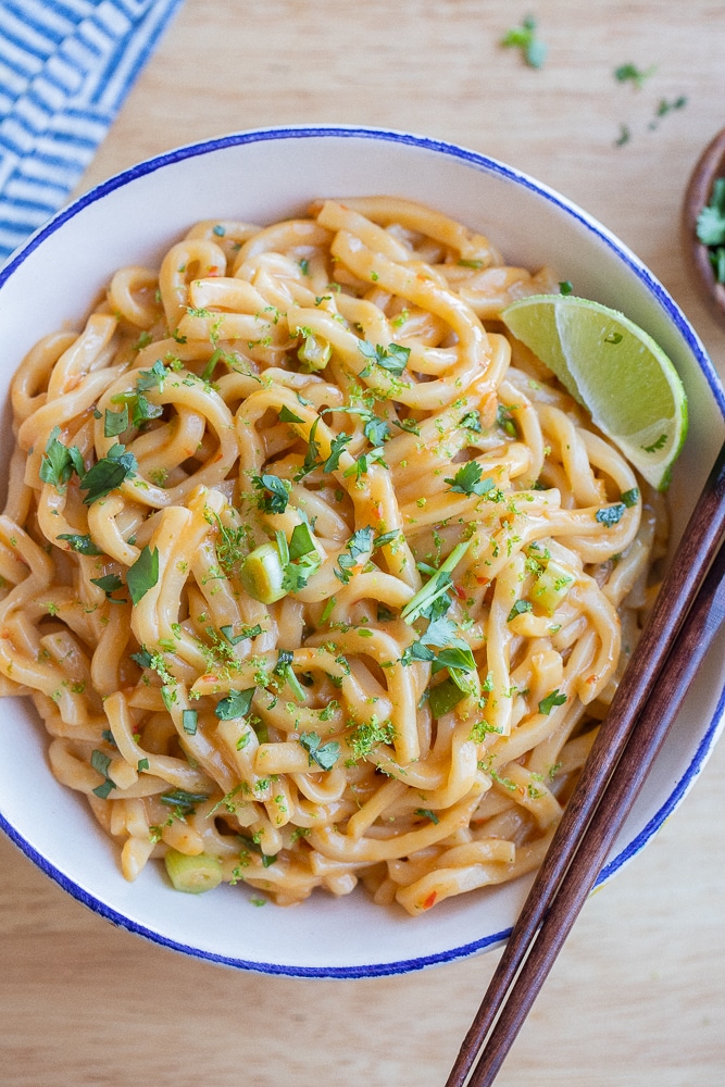close up of a bowl of vegan coconut lime noodles
