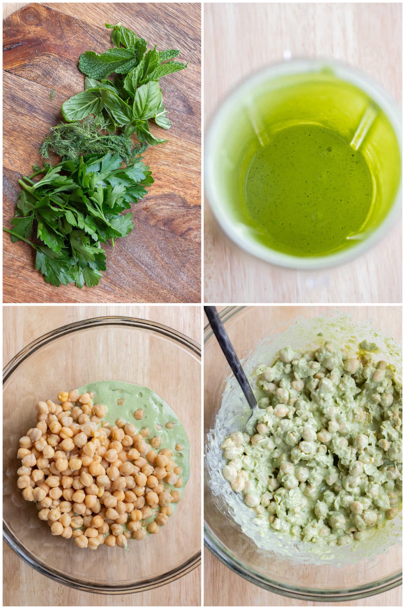 showing how to make the herby tahini dressing and then adding it into a bowl with chickpeas