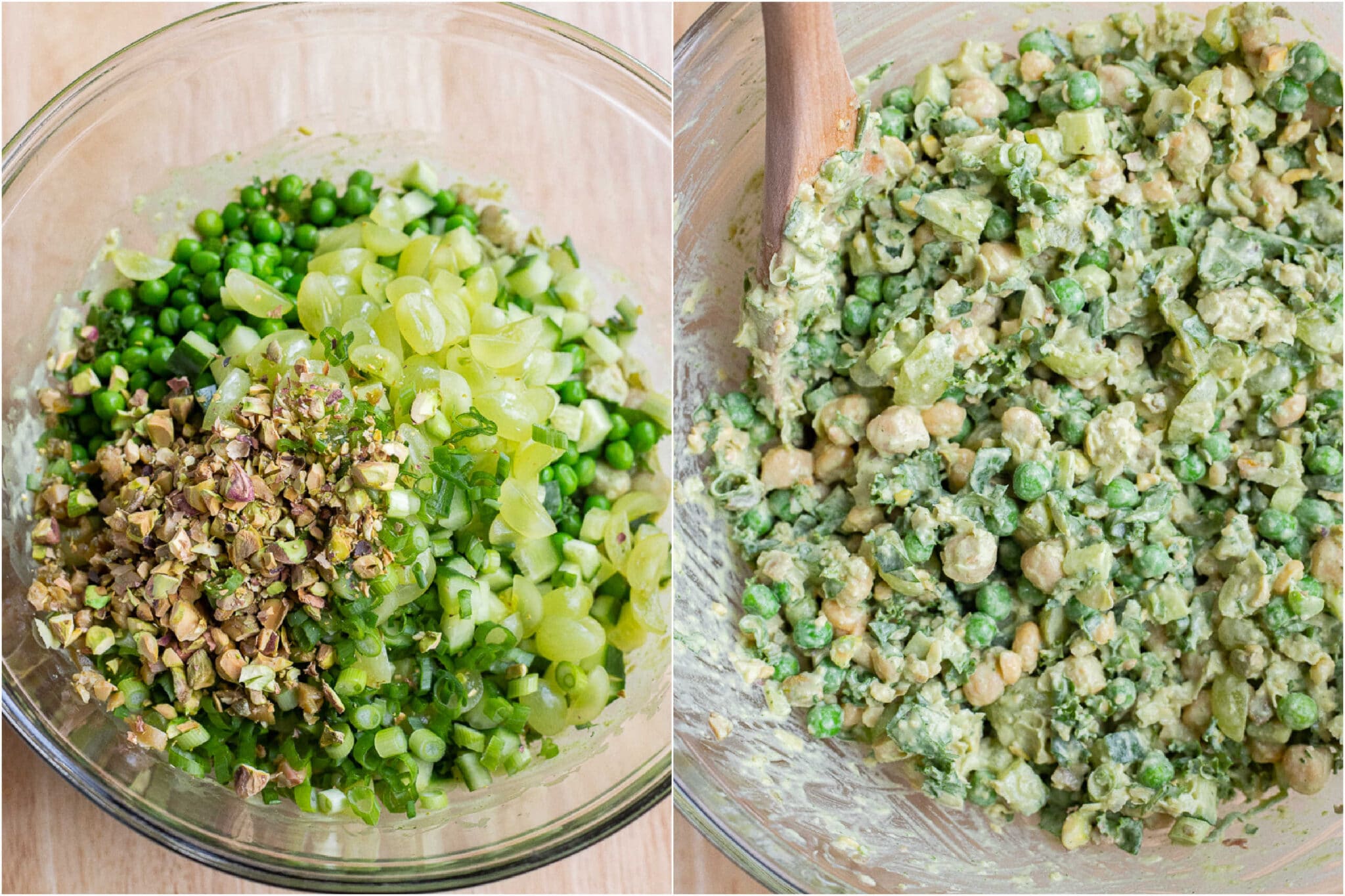 green goddess chickpea salad mixed together in a bowl