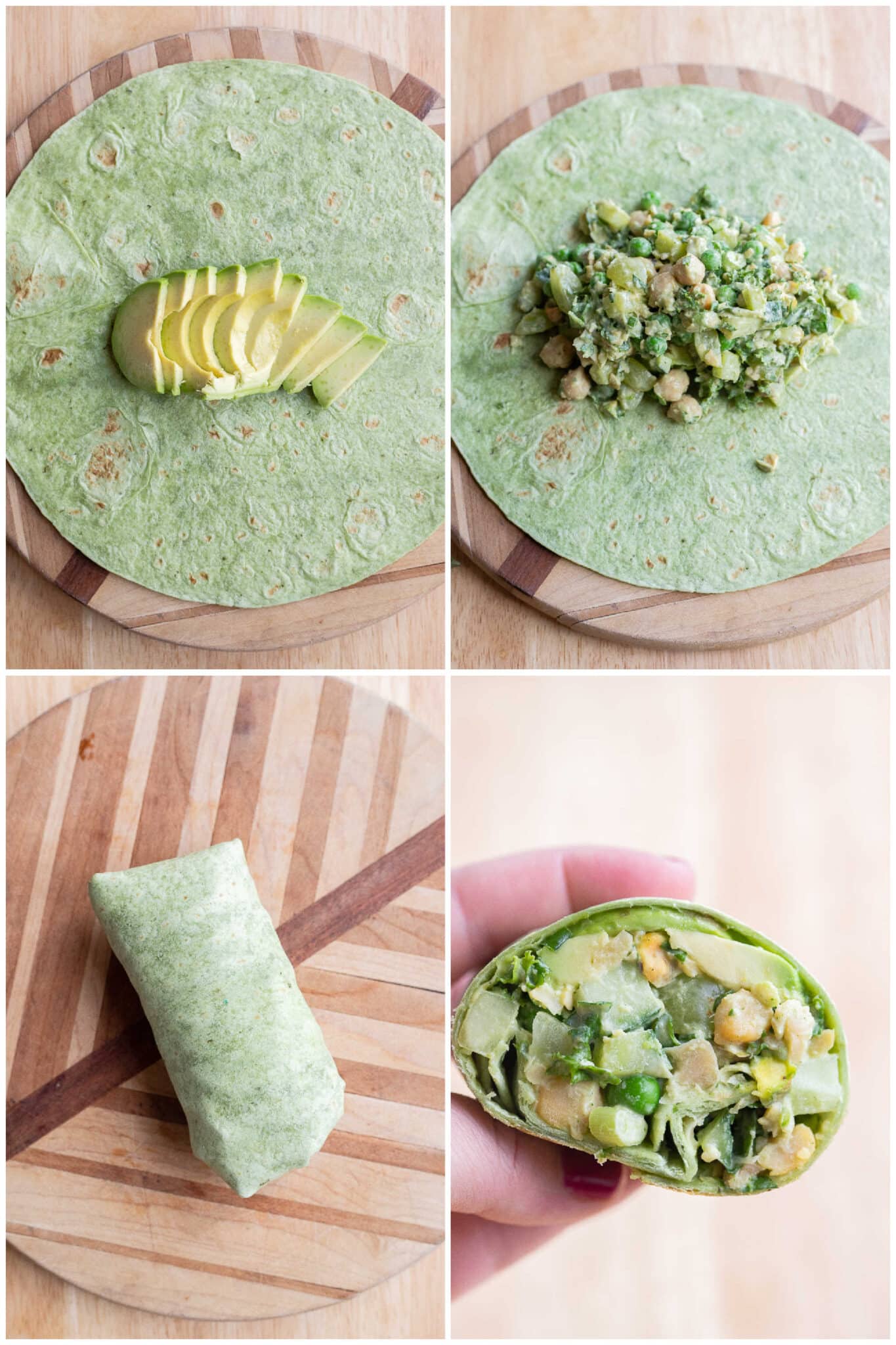 showing how to make a green goddess chickpea wrap with avocado and spinach wraps