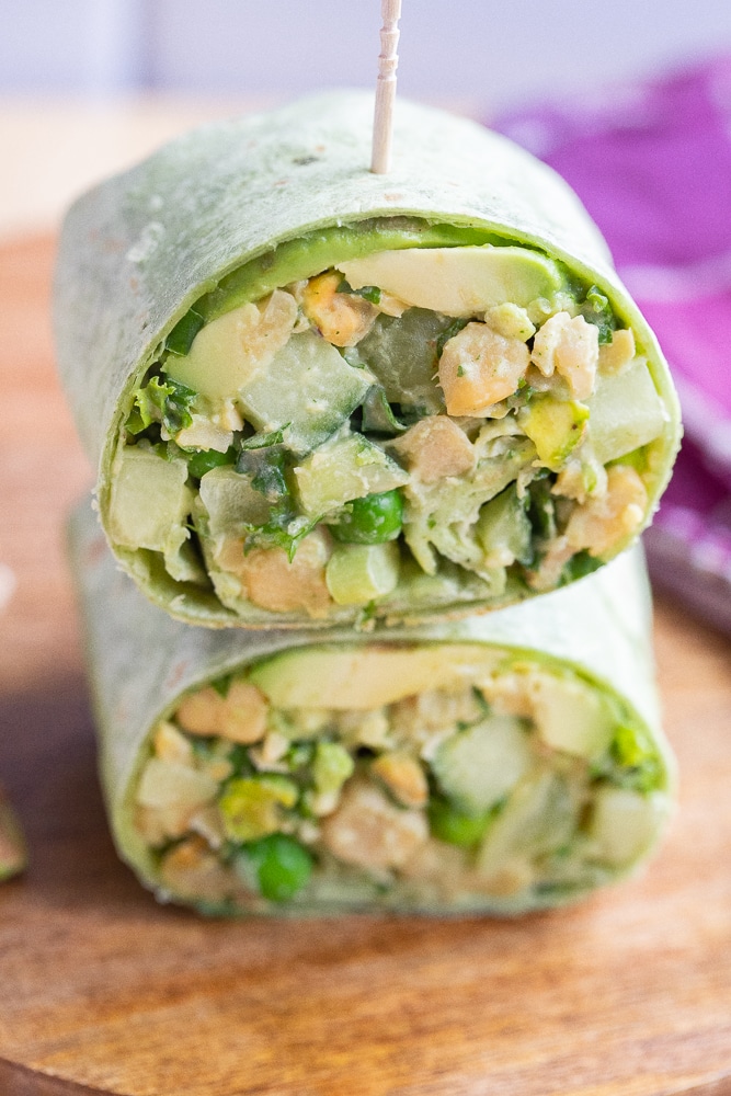 close up of a green goddess wrap cut in half