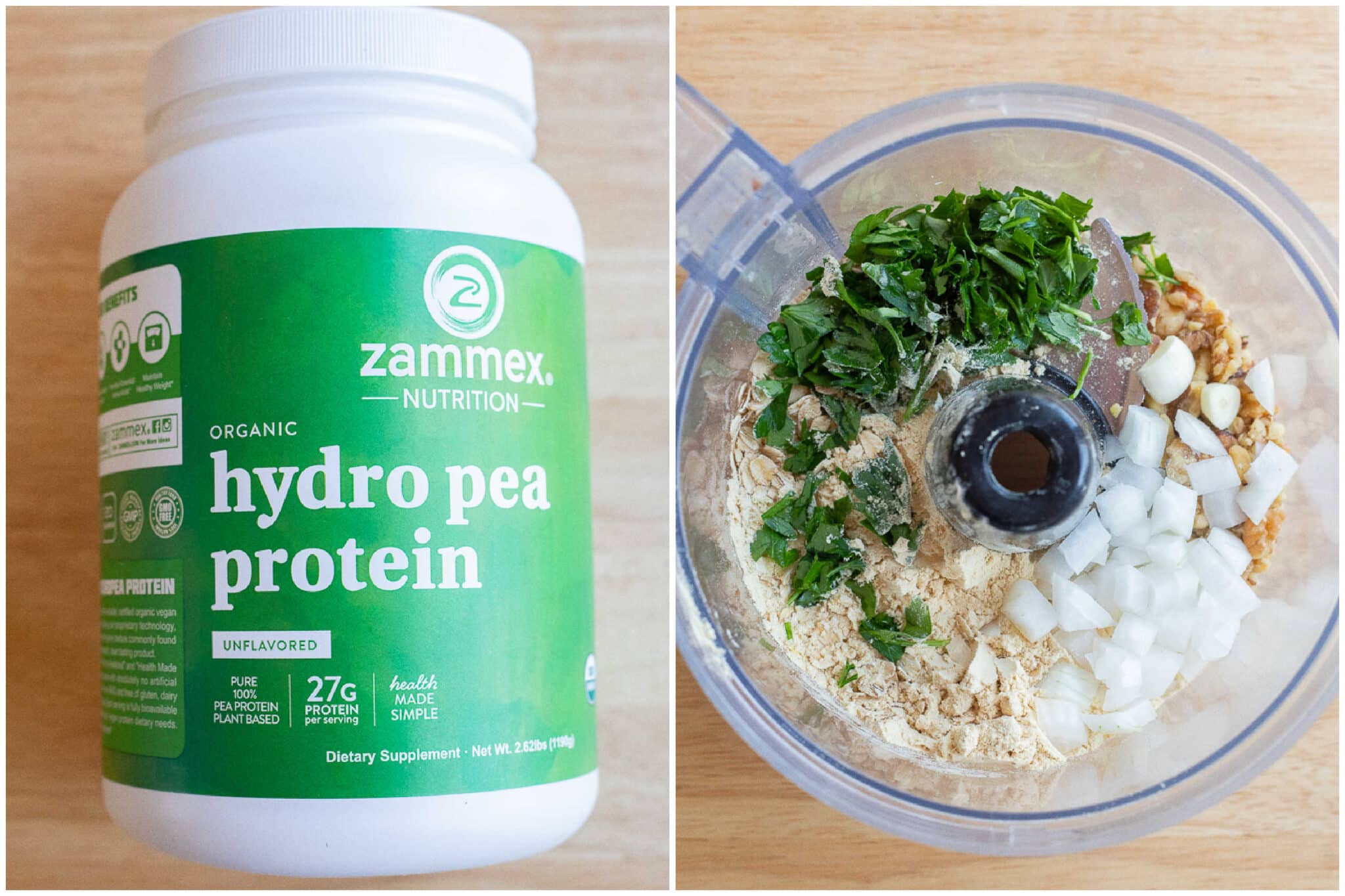 hydro pea protein in a food processor with oats, onion, parsley, garlic and walnuts