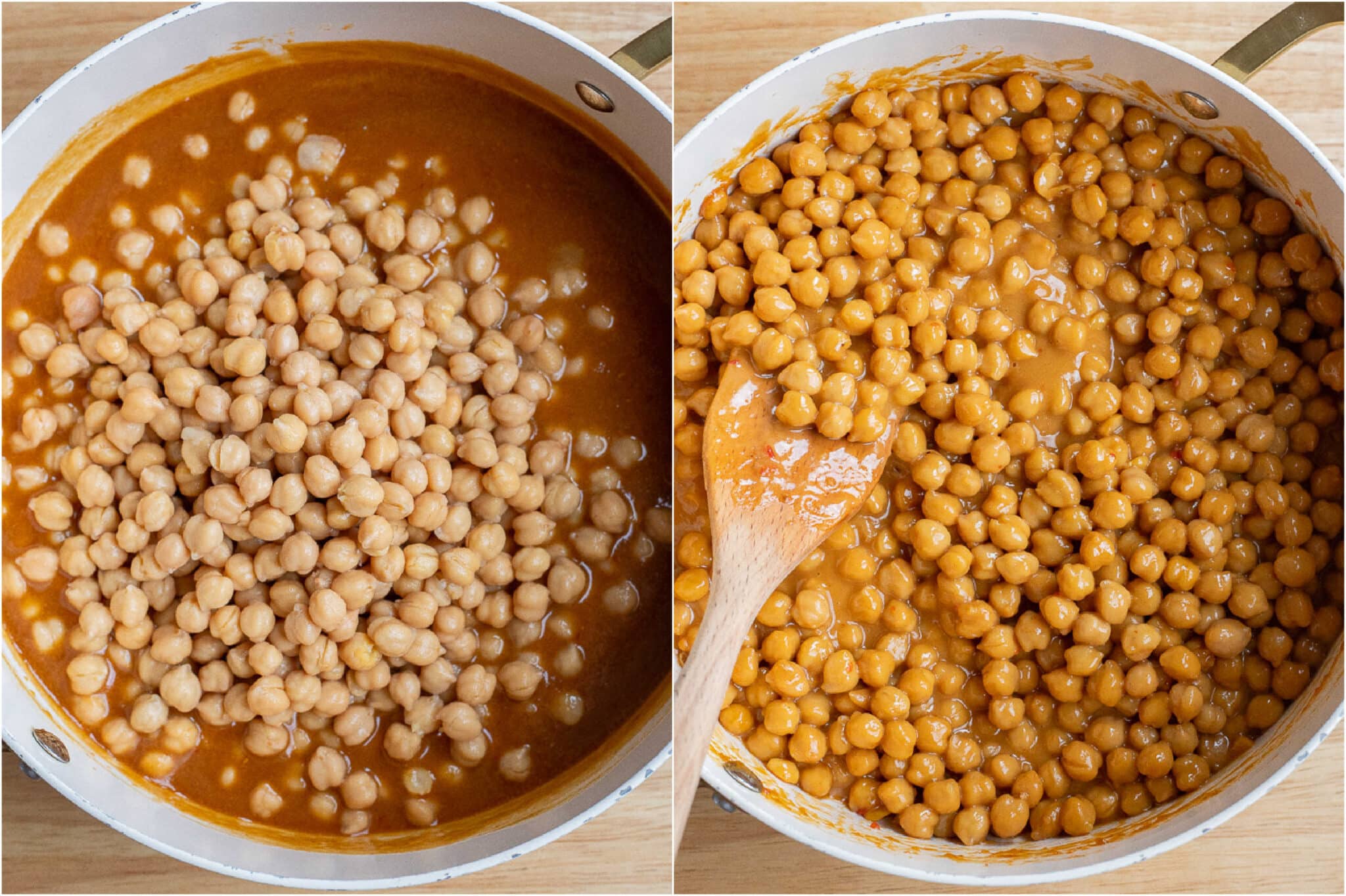 chickpeas being mixed into the ginger peanut sauce