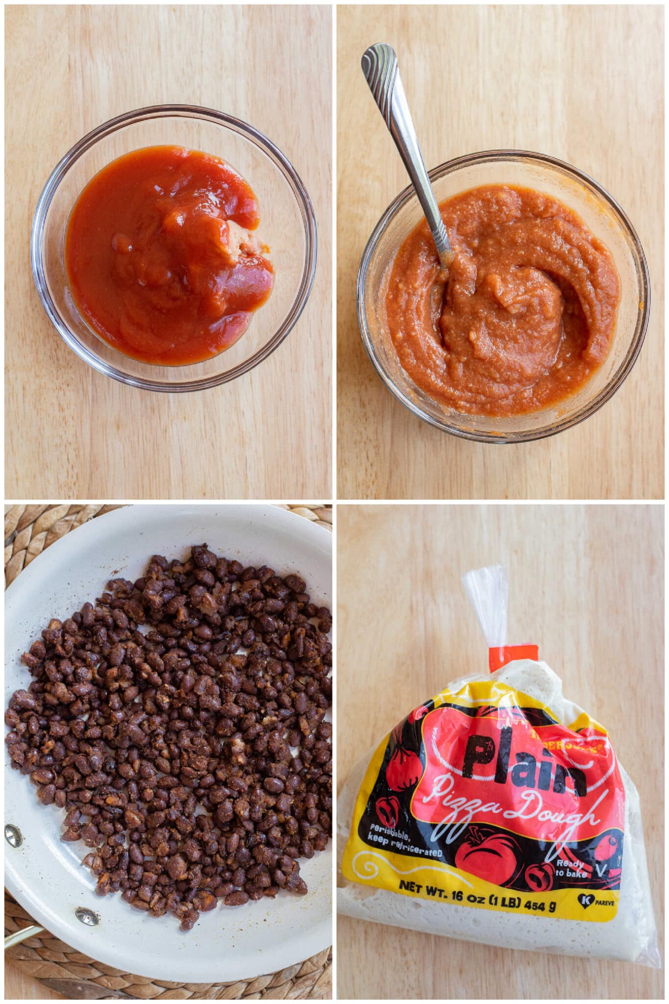 showing how to make the pizza sauce and cook the black beans