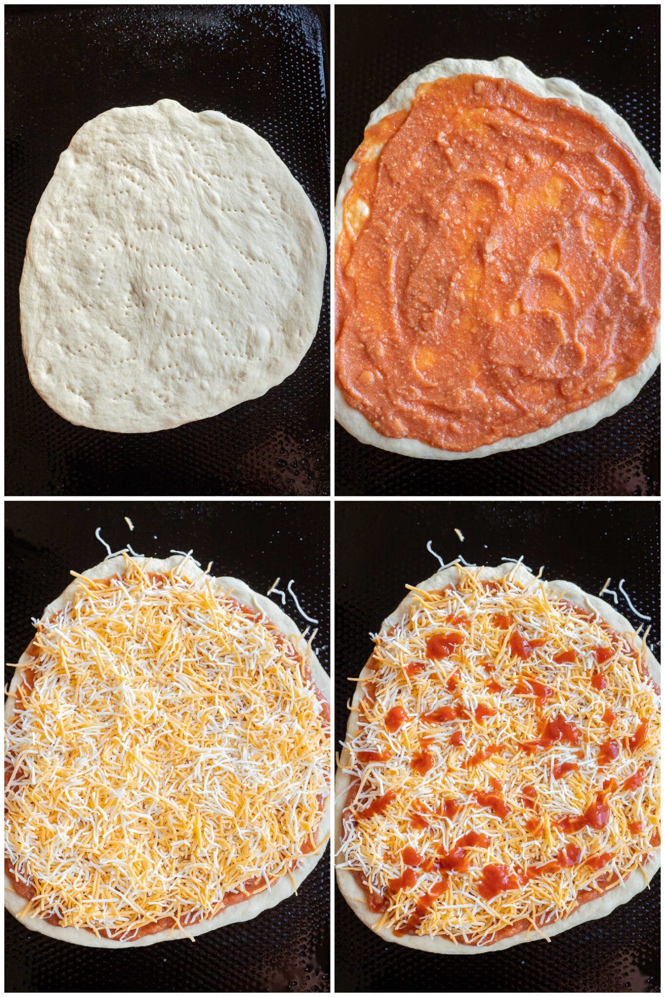 showing how to assemble the vegetarian taco pizza with four easy steps