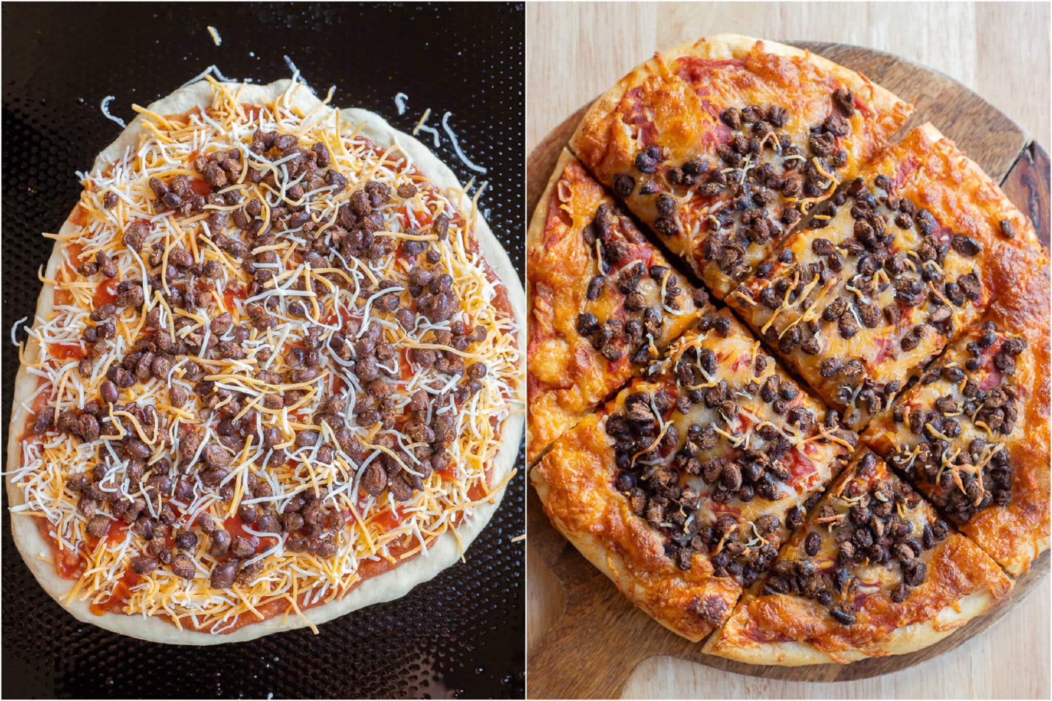 vegetarian taco pizza with crispy black beans before and after it has been baked