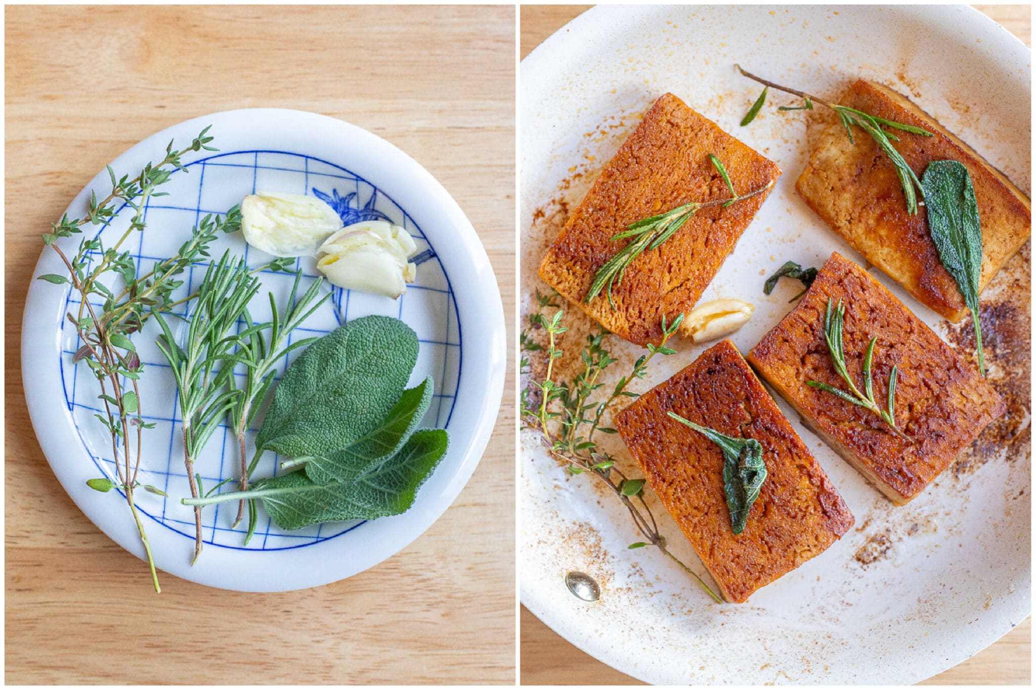 showing how to make this garlic herb butter tofu with sage, rosemary and thyme