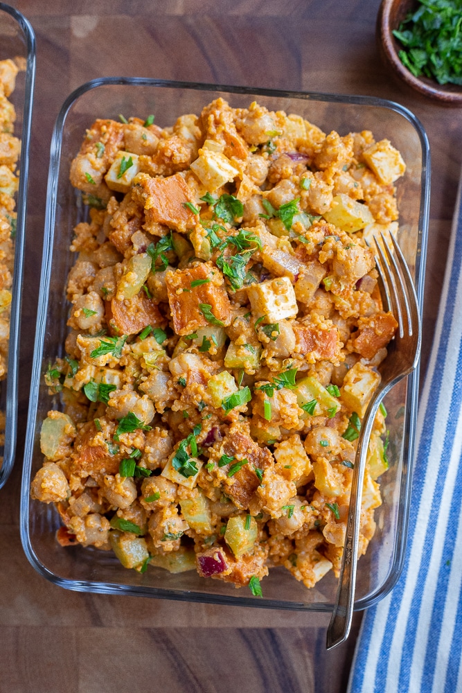 buffalo sweet potato chickpea salad in a meal prep container