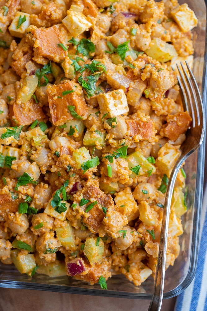 close up of buffalo sweet potato chickpea salad with feta and couscous