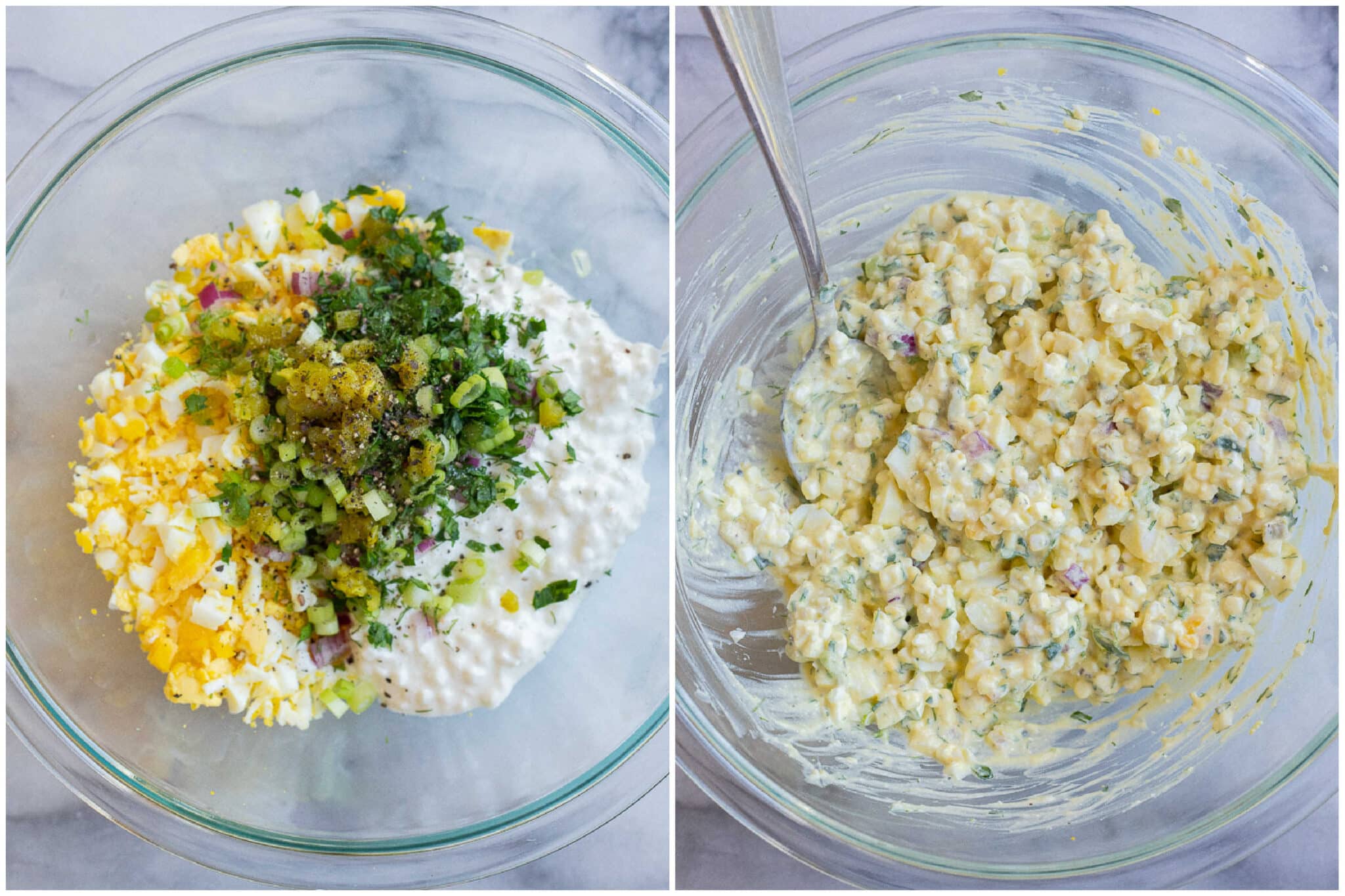 cottage cheese egg salad before and after it has been mixed together
