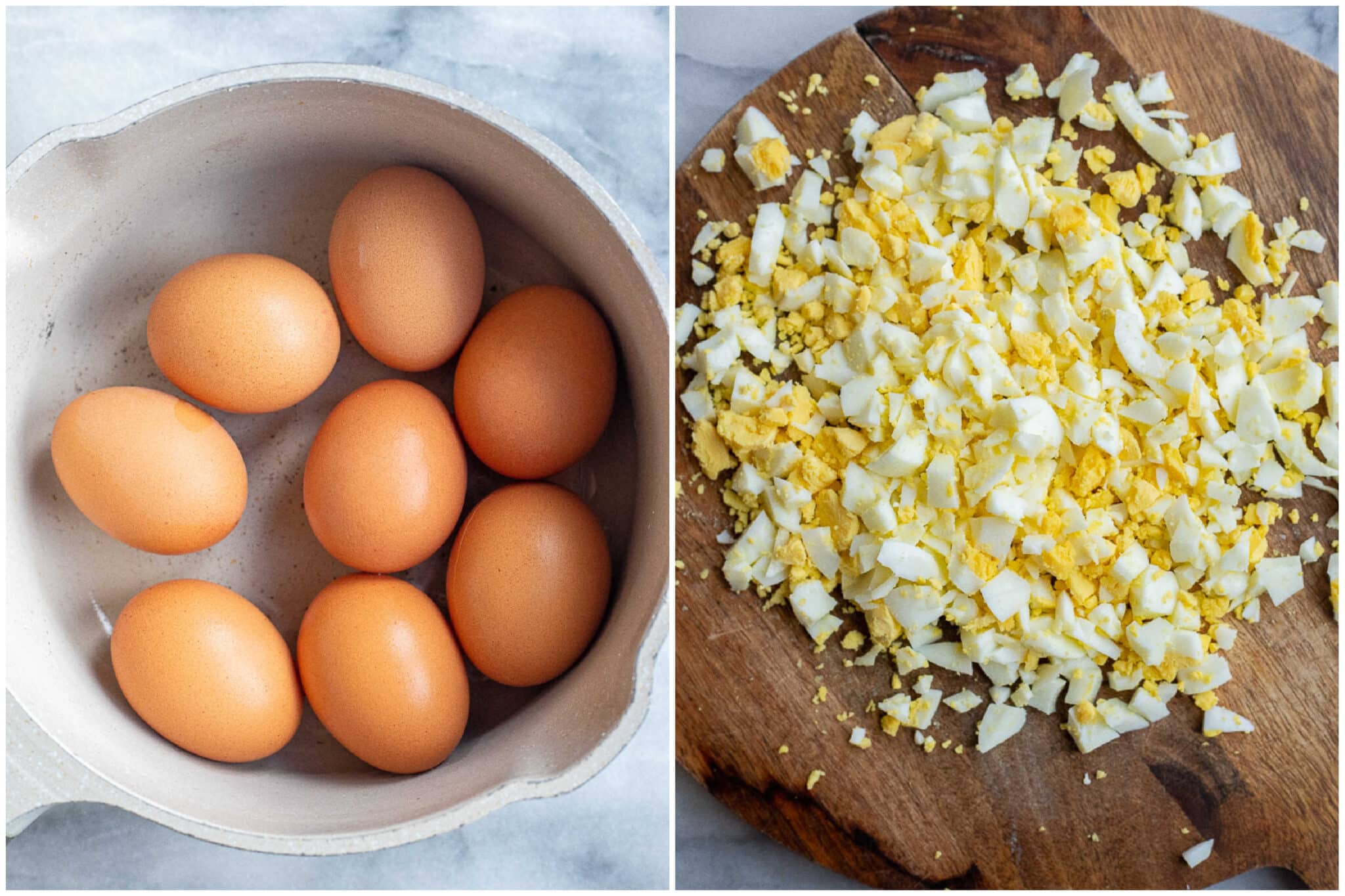 hard boiled eggs in a pan and then cut up on a cutting board