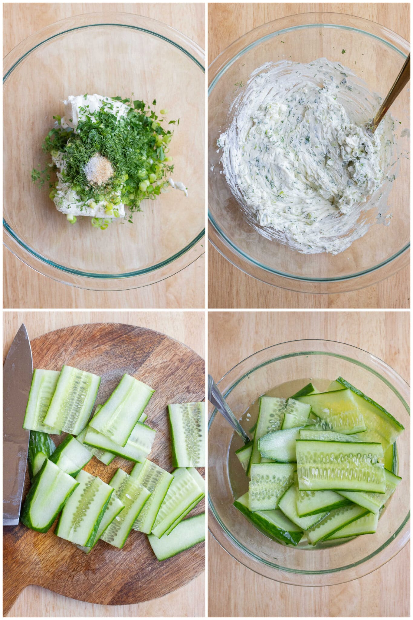 showing how to make herbed cream cheese and vinegar soaked cucumbers