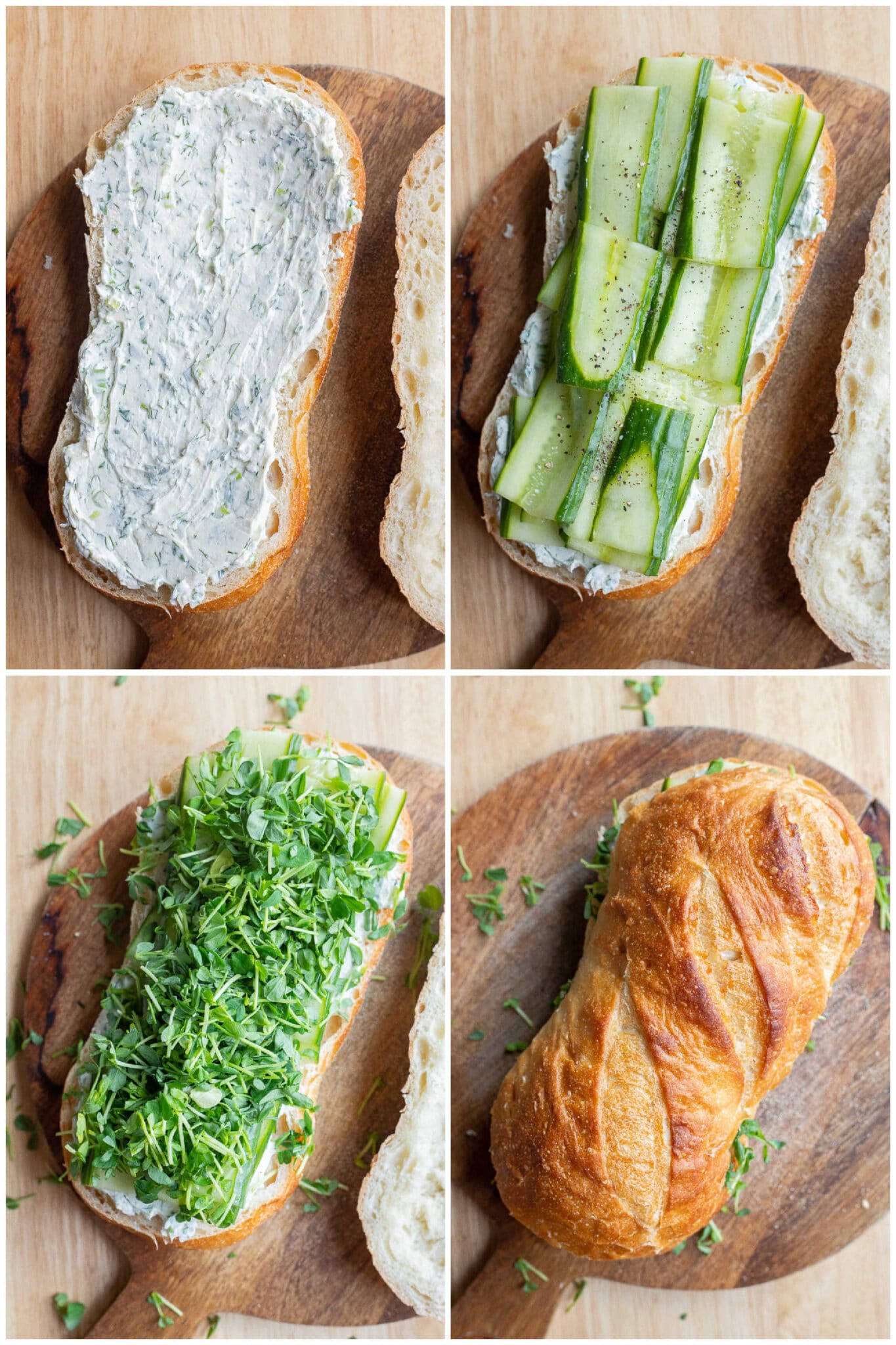 showing how to assemble this refreshing cucumber cream cheese sandwiches