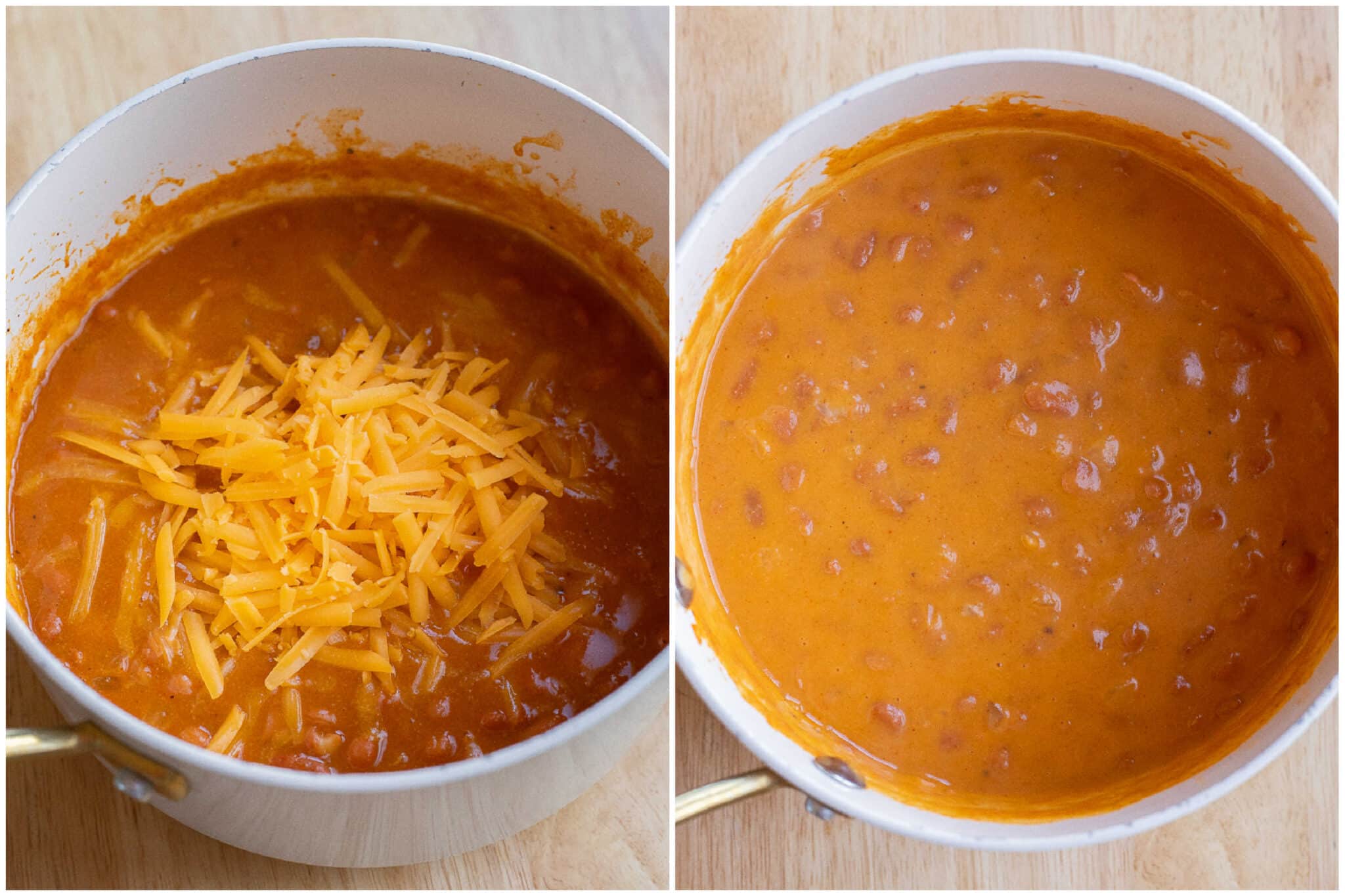 showing how to make cheesy beans in a small saucepan with cheddar cheese