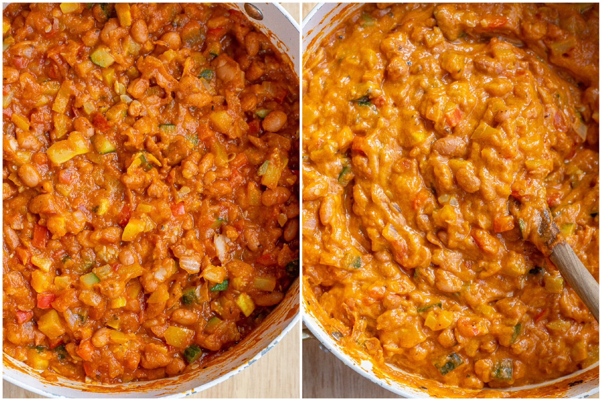 pumpkin taco skillet before and after the cheese has been mixed in