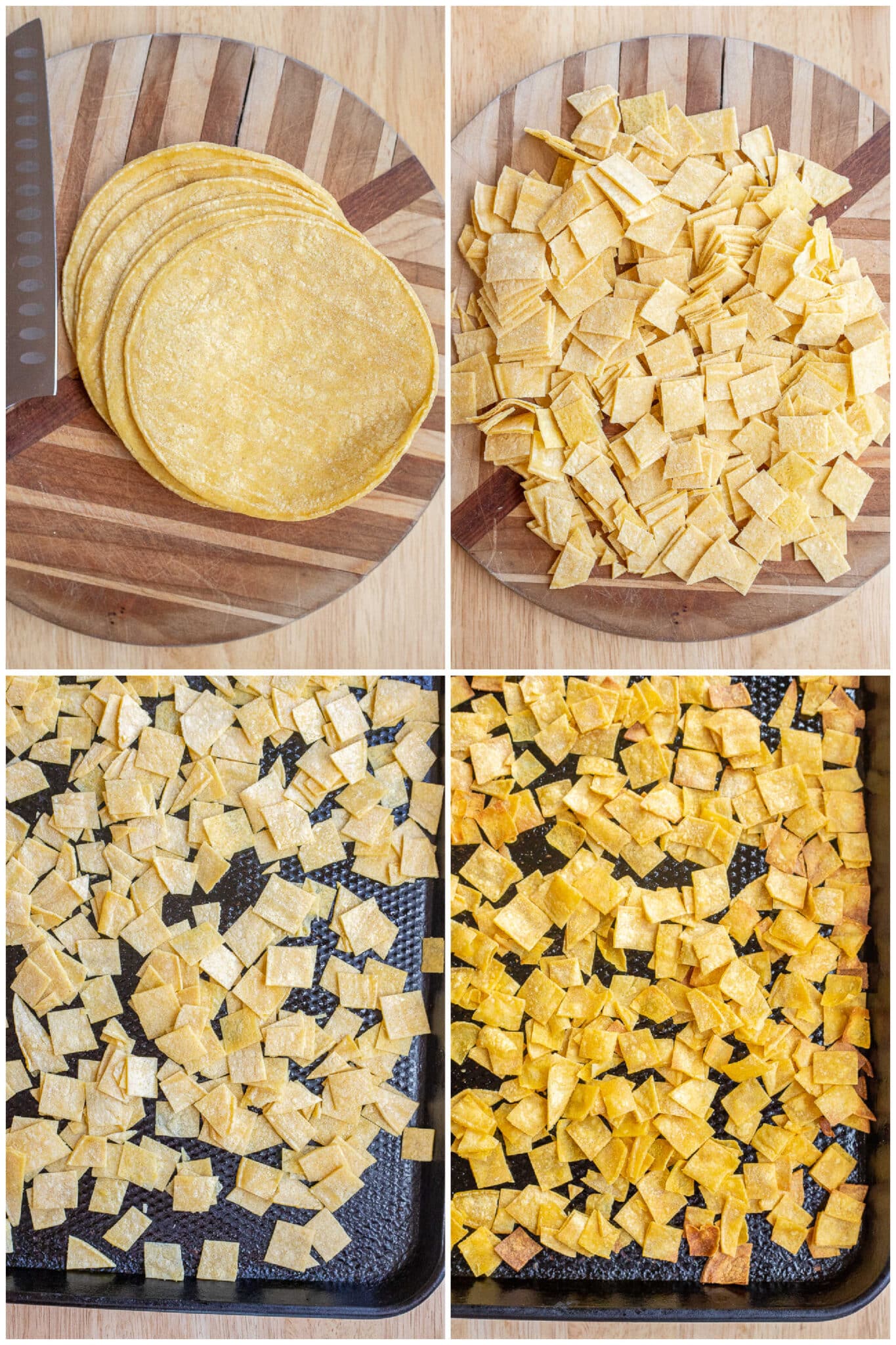 showing how to make crispy chopped up corn tortillas
