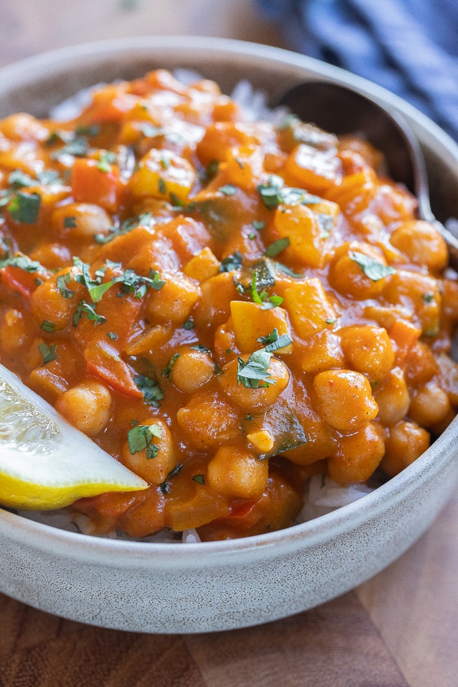 close up of this plant based red pumpkin curry with chickpeas
