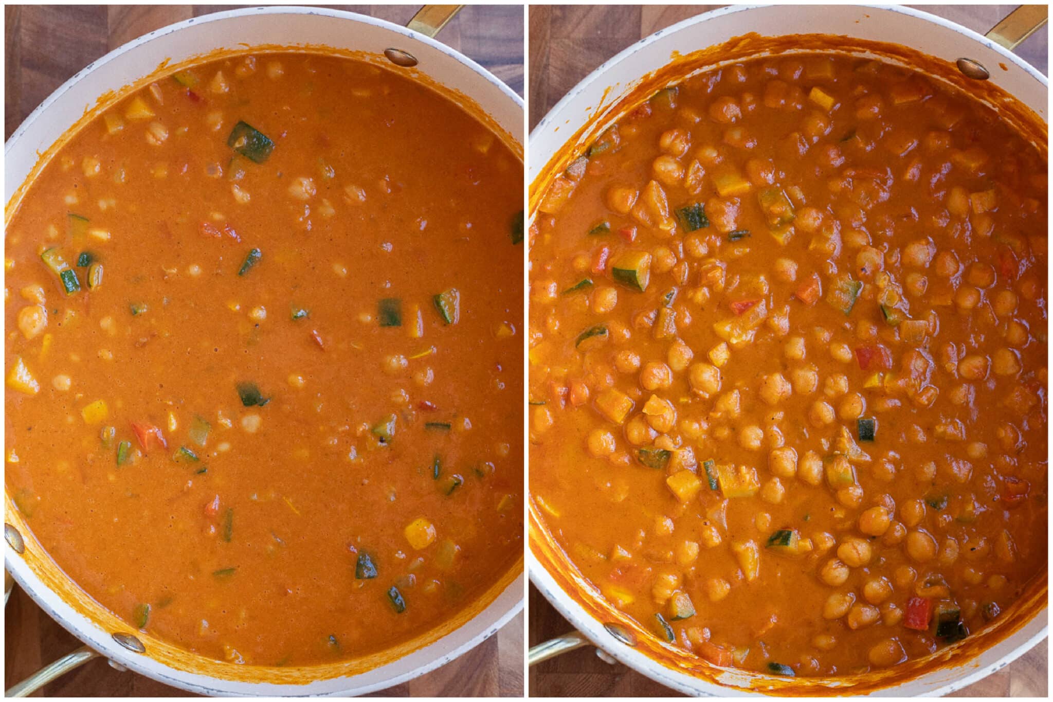 pumpkin red curry chickpeas before and after it has thickened up in the pan