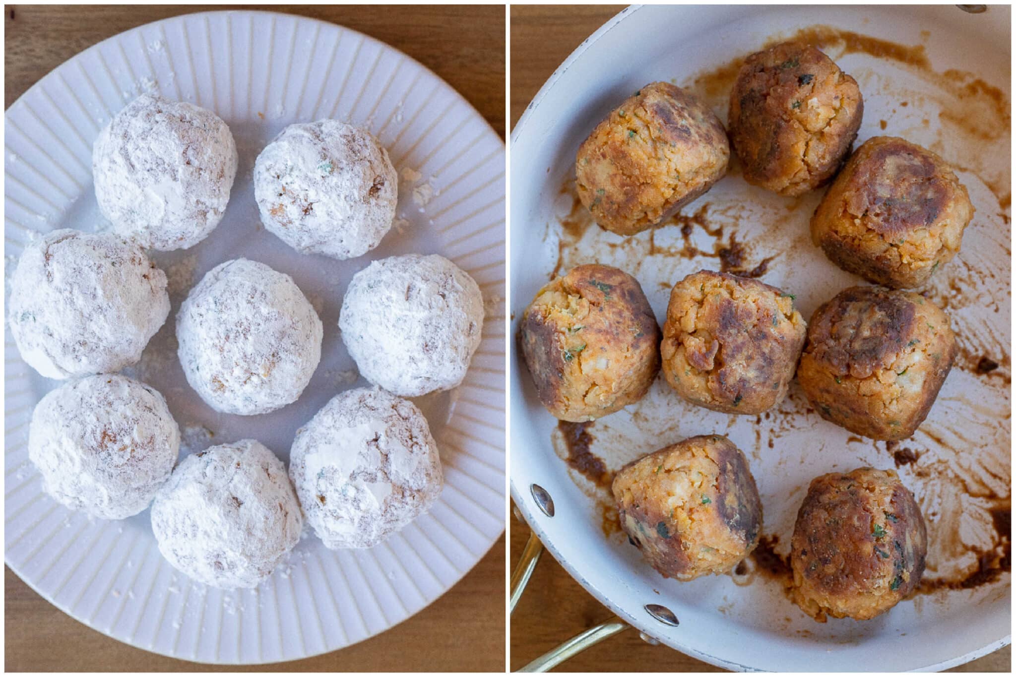 meatballs rolled in flour and then crisped up in a pan