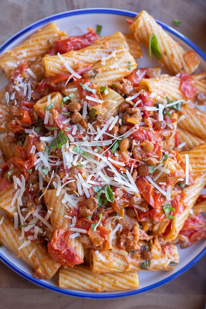 Close up of balsamic lentil pasta on a serving plate