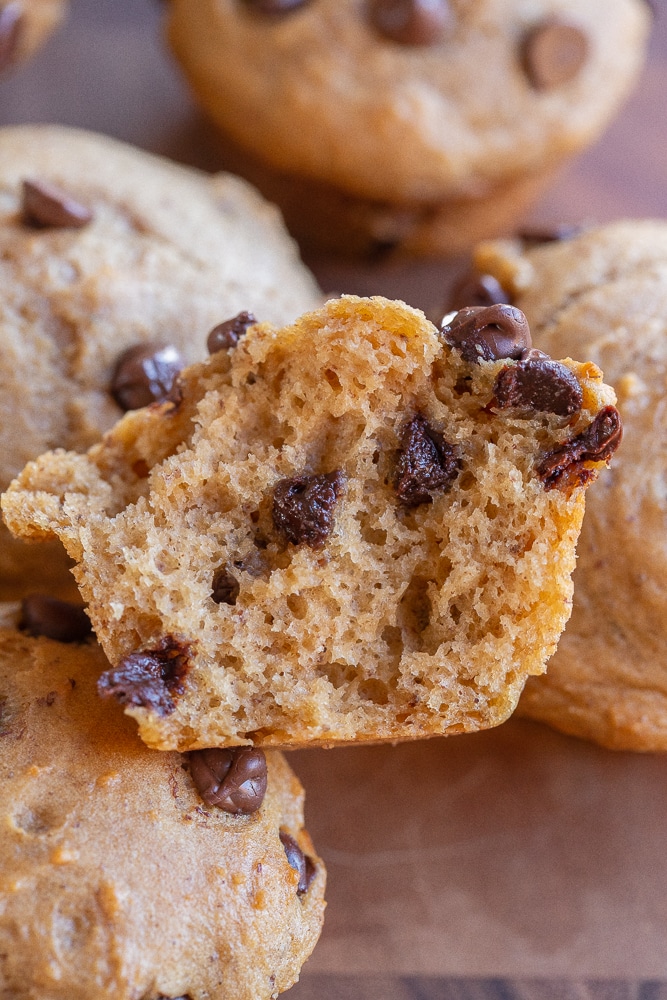 kid friendly chocolate chip muffin cut in half