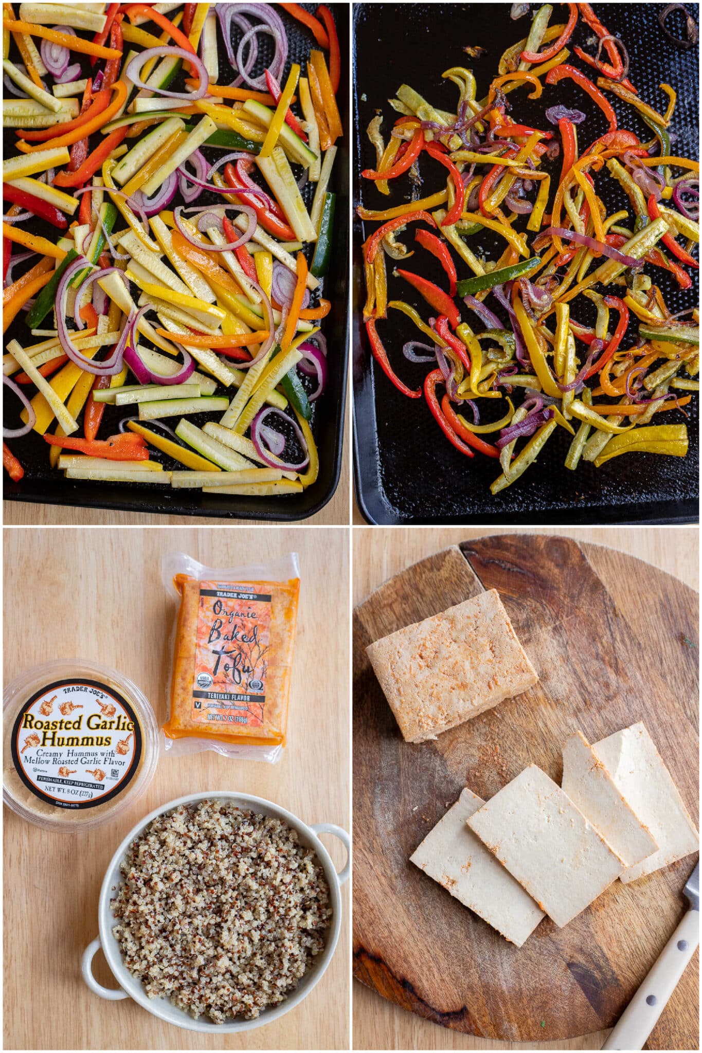 showing the ingredients needed to make these hummus, quinoa and tofu wraps with roasted vegetables