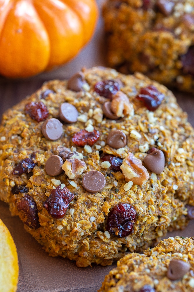 close up of a high protein chocolate chip pumpkin breakfast cookie