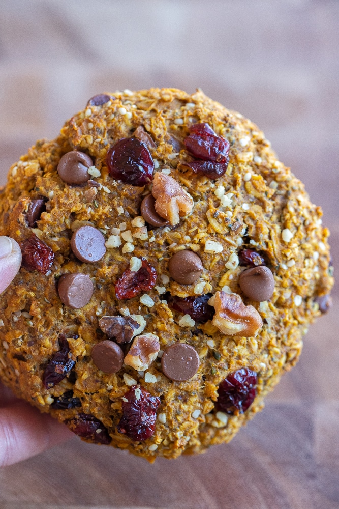 Close up of a pumpkin orange cranberry breakfast cookie being held in a hand