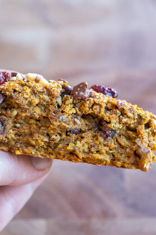 close up of the inside of a pumpkin oat breakfast cookie