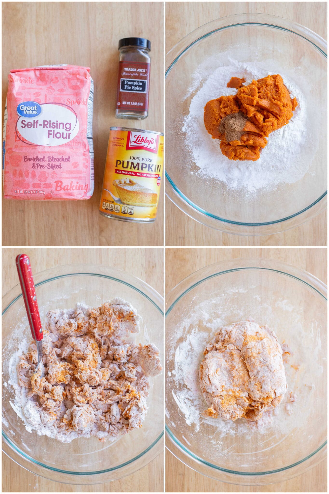 showing how to make this 3 ingredient pumpkin flatbread by mixing all the ingredients together and forming them into a ball